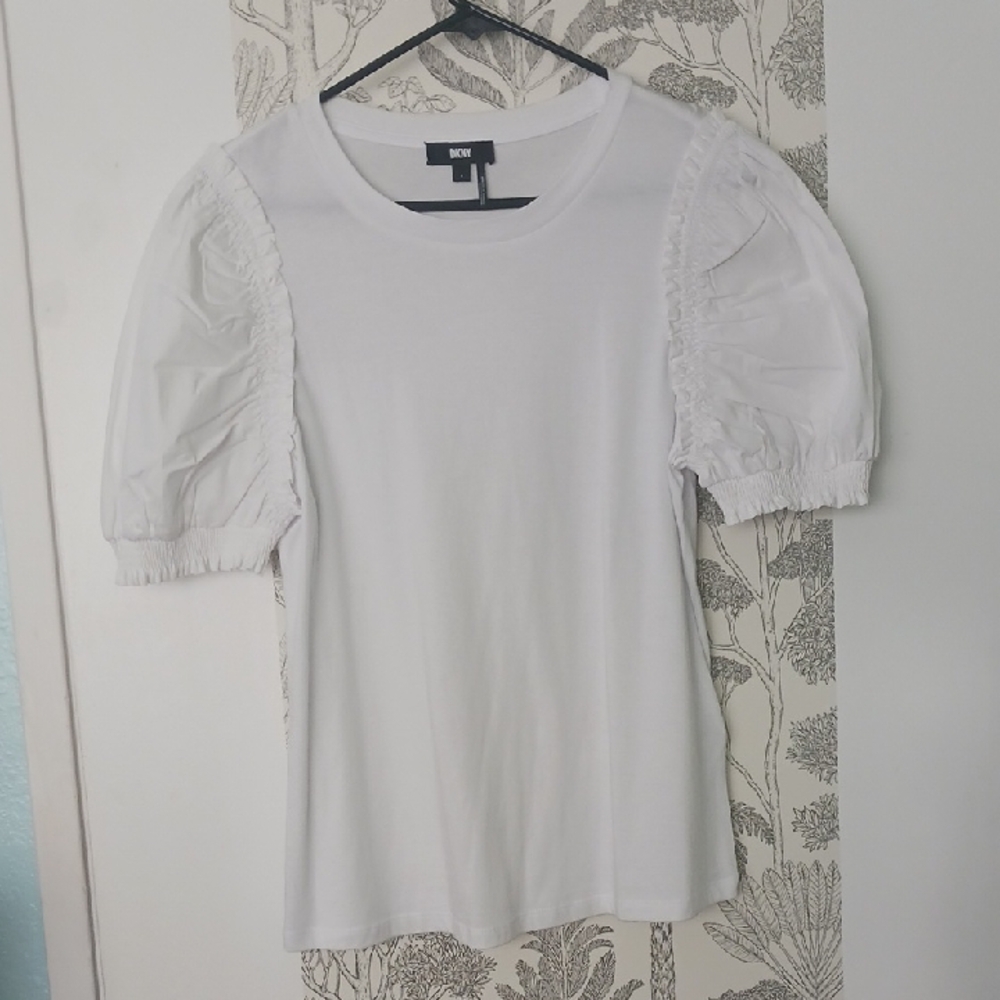 DkNY White Short Sleeve Puff Top